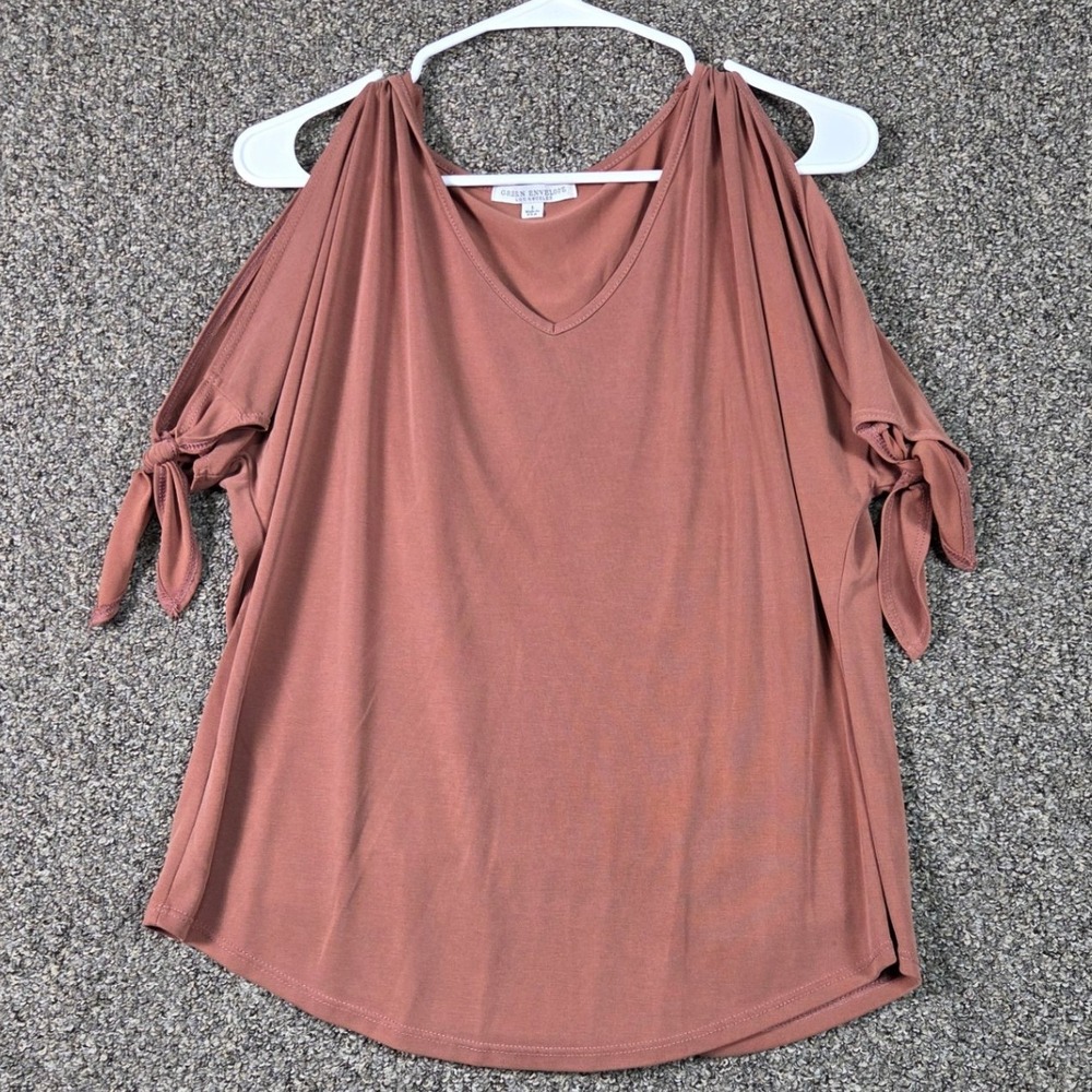 Green Envelope Top Womens L Mauve Cold Shoulder Tie Sleeve V-Neck Blouse